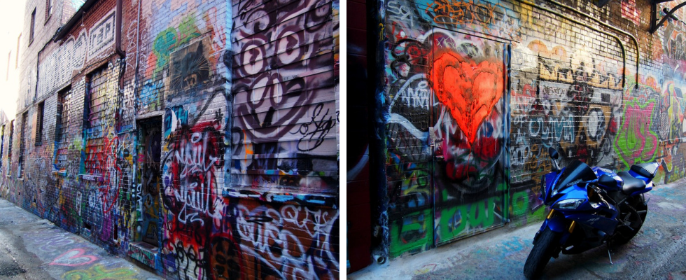 Two images of Baltimore, Maryland's Graffiti Alley, an alley completely covered in graffiti