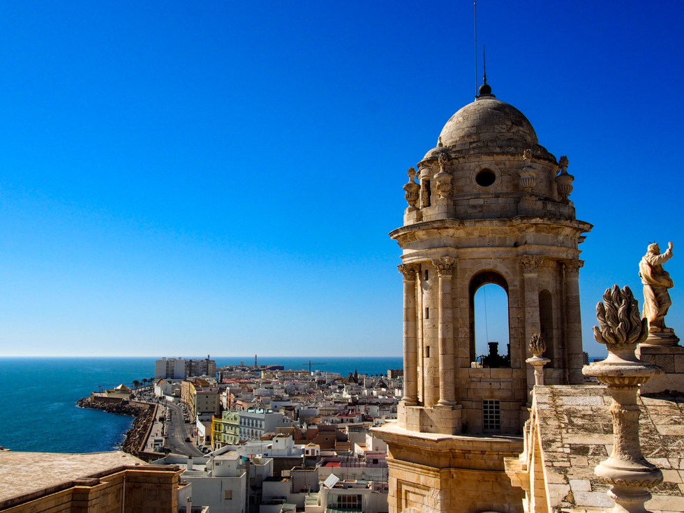 View of the top of the cathedral, the city of Cadiz, and the Atlantic ocean, seen from the top of the Cathedral