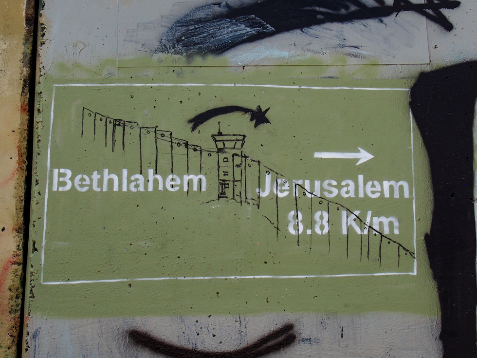 Bethlehem, Palestine separation wall art showing the distance between Bethlehem and Jerusalem