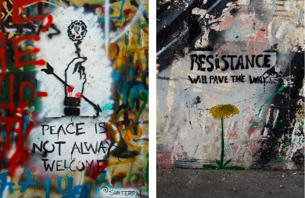 Left photo: peace is not always welcome with arrow through hand holding flower; right: resistance will pave the wave with flower