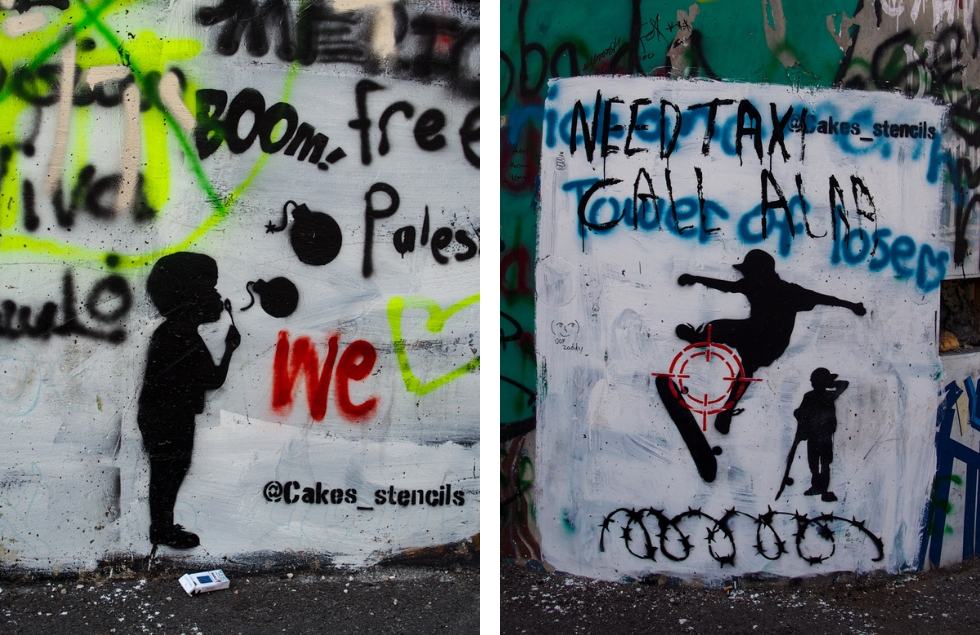 left: image of a child blowing bubbles that look like bombs; right: image of a child skateboarding over barbed wire, a sniper lens on him