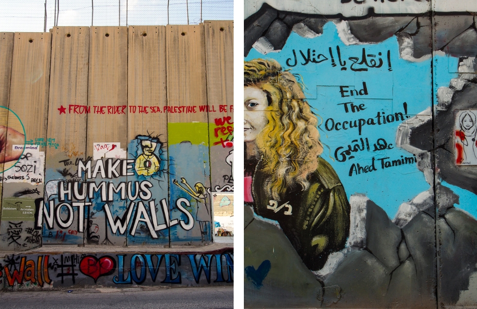 Left: "Make hummus not walls"; Right: "End the occupation!" and portrait of Ahed Tamimi, a Palestinian teenager who was imprisoned for 8 months after slapping two Israeli soldiers in the face