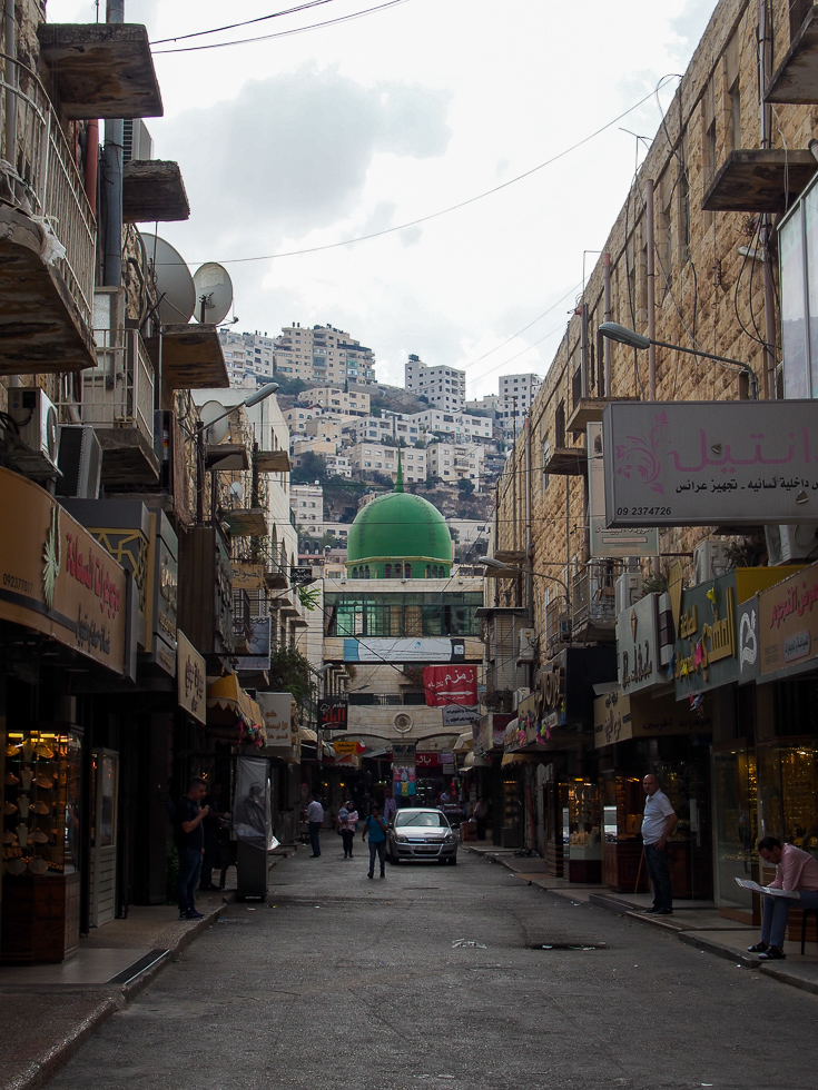 Nablus, Palestine, West Bank streets and dome of Al-Nasr Mosque