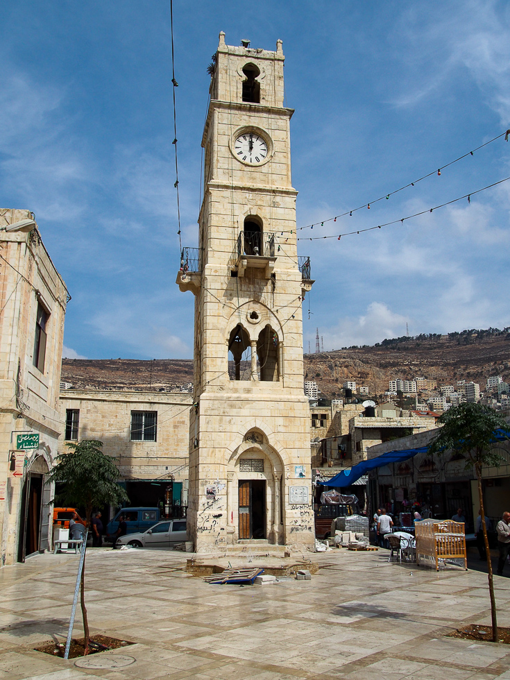 Iconic Al-Manara Clocktower in the old city of Nablus, Palestine