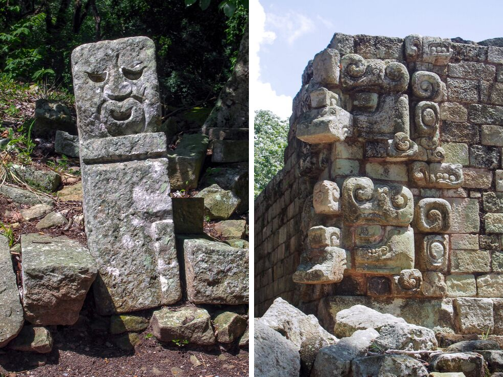Left: a Mayan sculpture with the carving of a face; Right: two Mayan carvings set into the side of a building in the ruins of Copan in Honduras