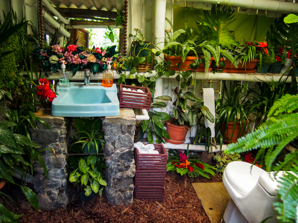 A bathroom filled with an incredible amount of plants at Valhalla Macadamia Farm near Antigua, Guatemala